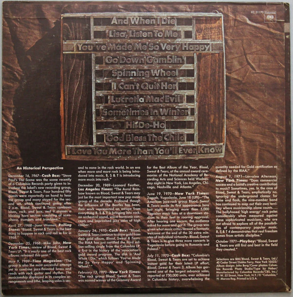 Blood, Sweat And Tears - Blood, Sweat & Tears Greatest Hits (LP) (Near Mint (NM or M-)) - Image 2