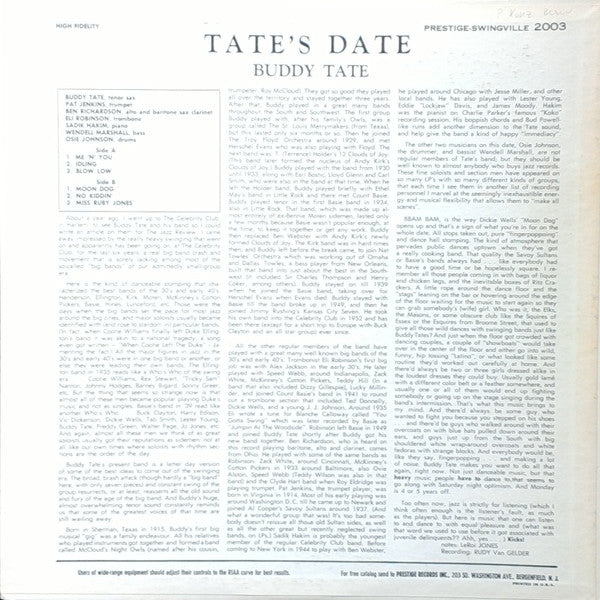 Buddy Tate And His Band - Tate's Date (LP) (Very Good (VG)) - Image 2