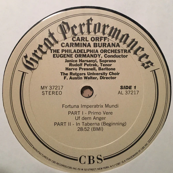 Carl Orff : Eugene Ormandy, The Philadelphia Orchestra, Janice Harsanyi, Rudolf Petrak, Harve Presnell, The Rutgers University Choir, F. Austin Walter - Carmina Burana (LP) (Mint (M)) - Image 3