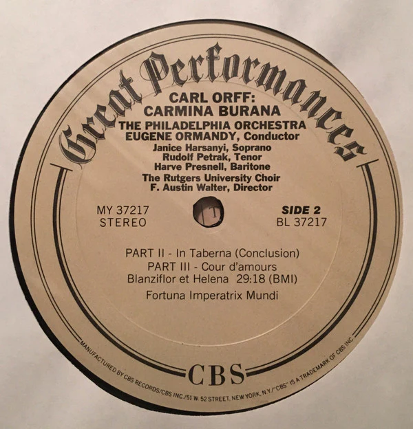 Carl Orff : Eugene Ormandy, The Philadelphia Orchestra, Janice Harsanyi, Rudolf Petrak, Harve Presnell, The Rutgers University Choir, F. Austin Walter - Carmina Burana (LP) (Mint (M)) - Image 4