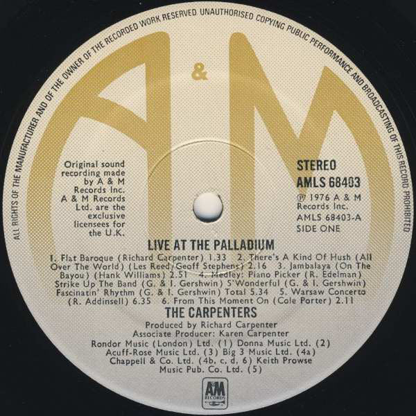 Carpenters - Live At The Palladium (LP) (Mint (M)) - Image 3