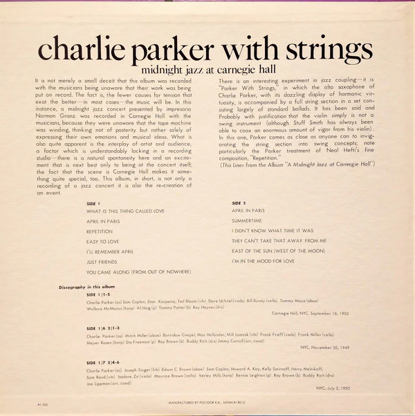Charlie Parker With Strings - Midnight Jazz At Carnegie Hall (LP) (Near Mint (NM or M-)) - Image 4