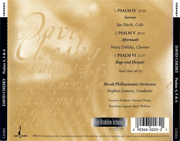 David Chesky / Slovak Philharmonic Orchestra, Stephen Somary - Psalms 4, 5 & 6 (CD) (Mint (M)) - Image 5