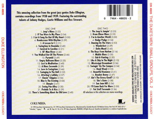 Duke Ellington - The Duke's Men: Small Groups, Volume 2 1938-1939 (2xCD) (Mint (M)) - Image 2