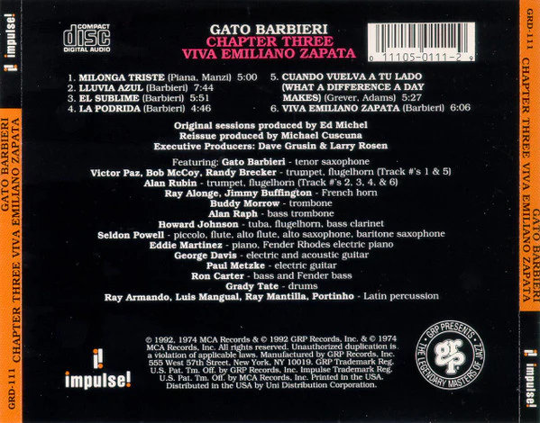 Gato Barbieri - Chapter Three - Viva Emiliano Zapata (CD) (Mint (M)) - Image 2