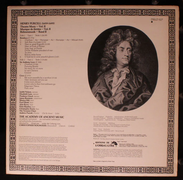 Henry Purcell, The Academy Of Ancient Music - Theatre Music Vol II (Bonduca • Sir Anthony Love • Circe) (LP) (Mint (M)) - Image 2