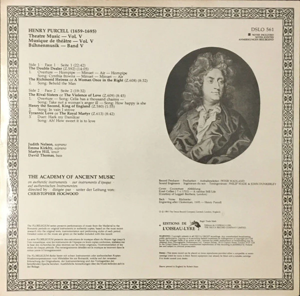 Henry Purcell - The Academy Of Ancient Music - Theatre Music Vol. V (The Double Dealer • The Richmond Heiress • The Rival Sisters • Henry The Second • Tyrannic Love) (LP) (Very Good Plus (VG+)) - Image 2