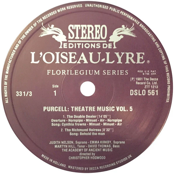 Henry Purcell - The Academy Of Ancient Music - Theatre Music Vol. V (The Double Dealer • The Richmond Heiress • The Rival Sisters • Henry The Second • Tyrannic Love) (LP) (Very Good Plus (VG+)) - Image 3