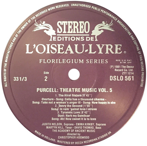 Henry Purcell - The Academy Of Ancient Music - Theatre Music Vol. V (The Double Dealer • The Richmond Heiress • The Rival Sisters • Henry The Second • Tyrannic Love) (LP) (Very Good Plus (VG+)) - Image 4