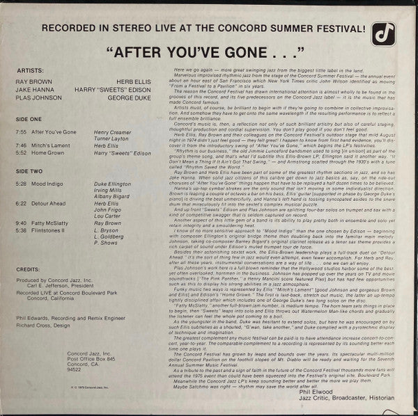 Herb Ellis, Ray Brown, Harry "Sweets" Edison*, Jake Hanna, Plas Johnson, George Duke - After You've Gone (Album) (Very Good Plus (VG+)) - Image 2