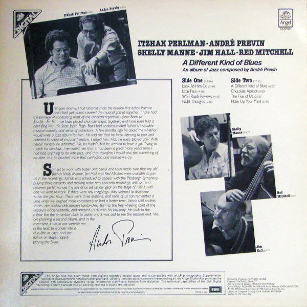 Itzhak Perlman, André Previn, Shelly Manne, Jim Hall, Red Mitchell - A Different Kind Of Blues (An Album Of Jazz Composed By André Previn) (LP) (Very Good Plus (VG+)) - Image 2