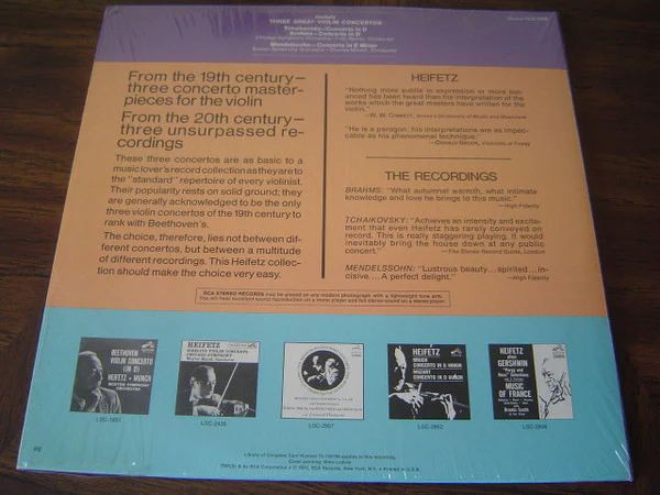 Jascha Heifetz, Pyotr Ilyich Tchaikovsky • Johannes Brahms, Felix Mendelssohn-Bartholdy - Three Great Violin Concertos (2xLP) (Near Mint (NM or M-)) - Image 2