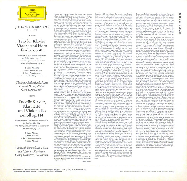 Johannes Brahms - Christoph Eschenbach ∙ Gerd Seifert ∙ Karl Leister ∙ Eduard Drolc ∙ Georg Donderer - Horntrio Op.40 • Klarinettentrio Op.114 (LP) (Near Mint (NM or M-)) - Image 2