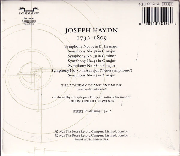 Joseph Haydn - The Academy Of Ancient Music, Christopher Hogwood - Symphonies C. 1765-68 / 35 38 39 41 58 59 65 / Volume 5 (3xCD) (Near Mint (NM or M-)) - Image 3