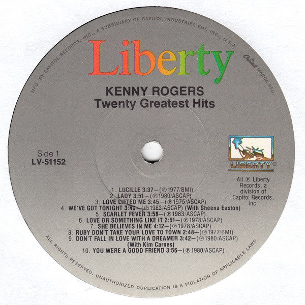 Kenny Rogers - Twenty Greatest Hits (LP) (Mint (M)) - Image 3