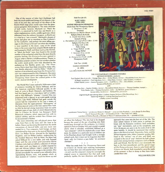 Kurt Weill • Darius Milhaud • Arthur Weisberg Conducting Contemporary Chamber Ensemble - Suite From The Threepenny Opera, La Création Du Monde (LP) (Mint (M)) - Image 2
