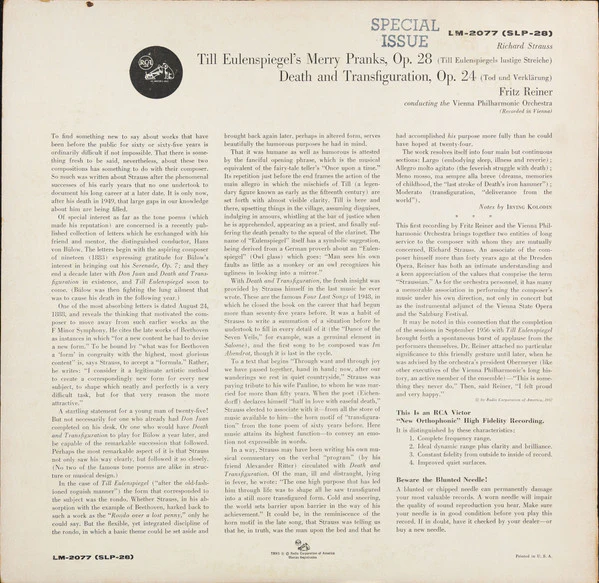 Richard Strauss, Fritz Reiner, Wiener Philharmoniker - Till Eulenspiegel / Death And Transfiguration (LP) (Near Mint (NM or M-)) - Image 2