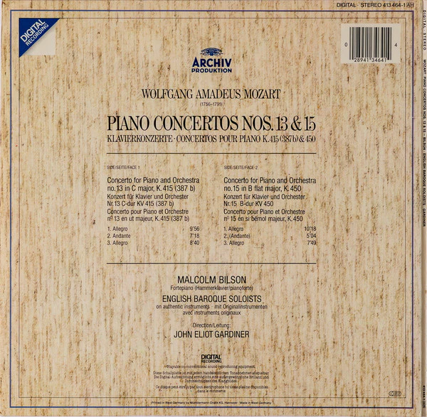 Wolfgang Amadeus Mozart - Malcolm Bilson • The English Baroque Soloists • John Eliot Gardiner - Piano Concertos Nos. 13 & 15 • Klavierkonzerte • Concertos Pour Piano K.415 & K.450 (LP) (Near Mint (NM or M-)) - Image 4
